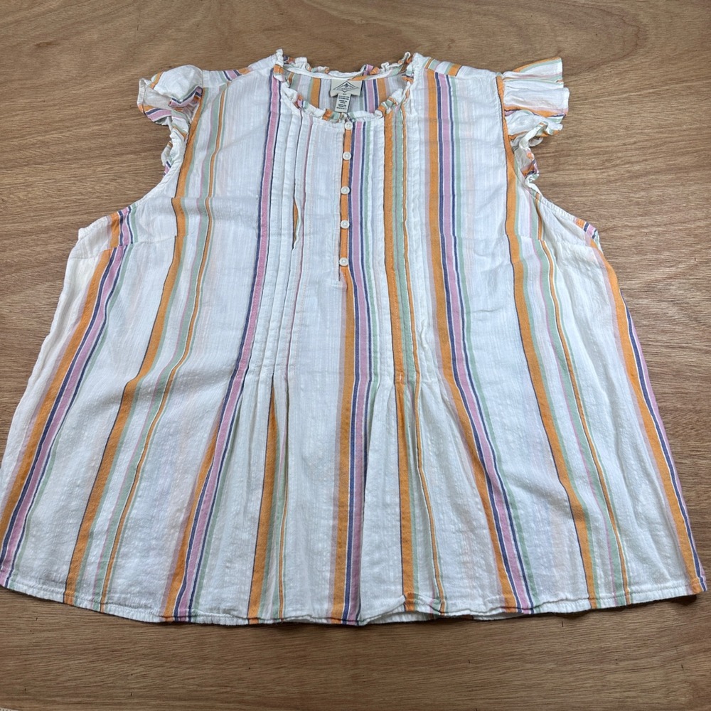 St. John's Bay Women's 0X Striped Flutter Sleeve Blouse White Plus Size Cotton